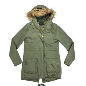 Miss London Jacket Women S Green Sherpa-lined Full Zip Faux Fur Trim Hooded Coat